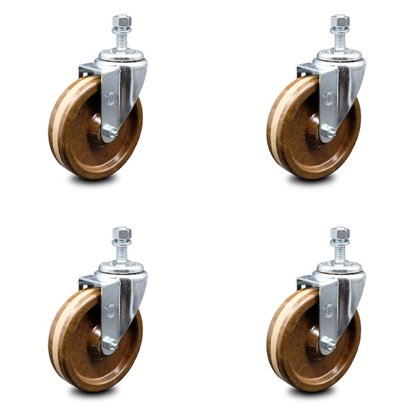 5 Inch High Temp Phenolic Wheel Swivel 10mm Threaded Stem Caster Set SCC